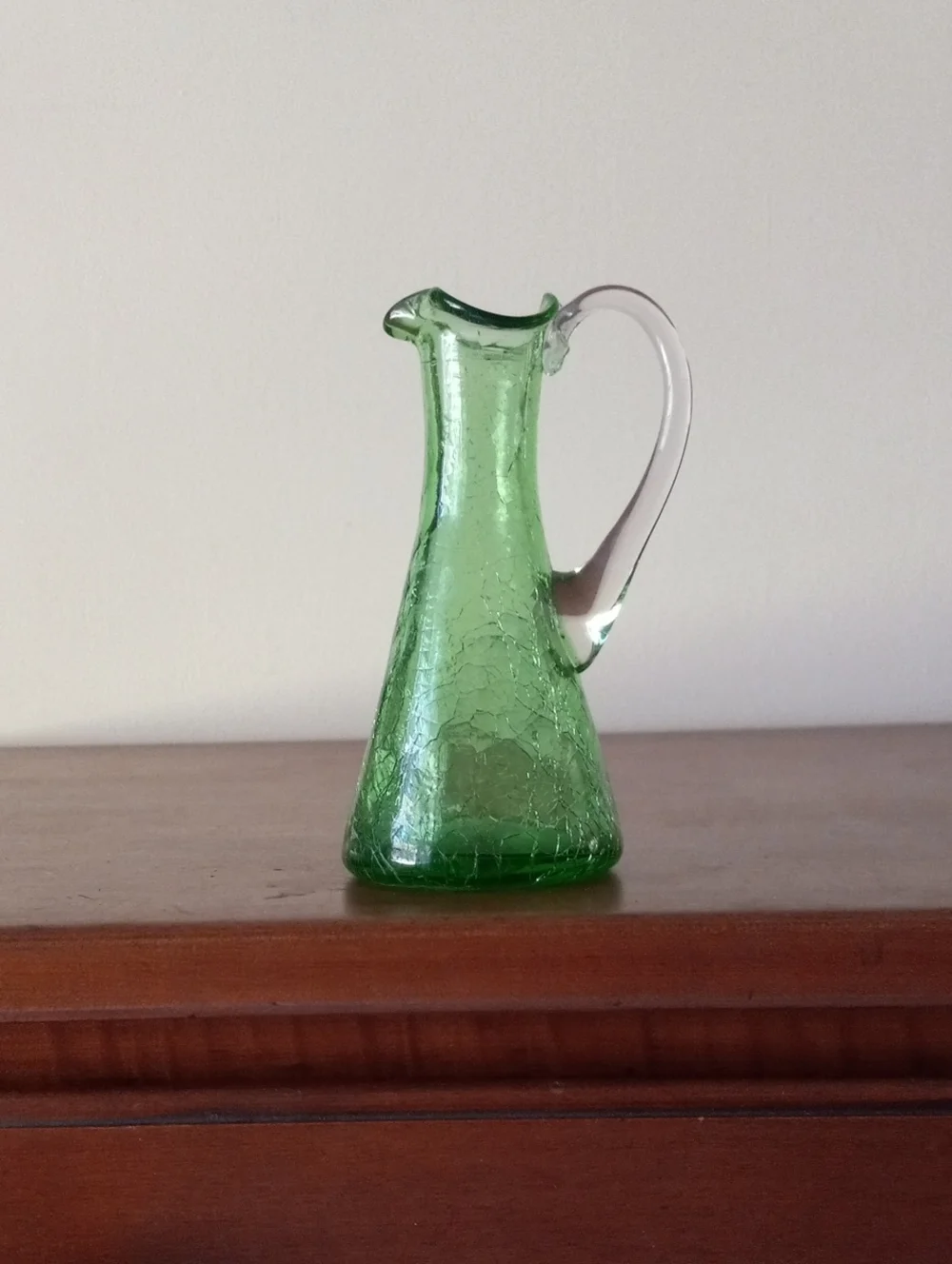 Green Crackle Art Glass Pitcher Vase with Clear Handle
